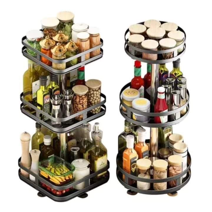 Three-tier rotating spice rack for kitchen organisation