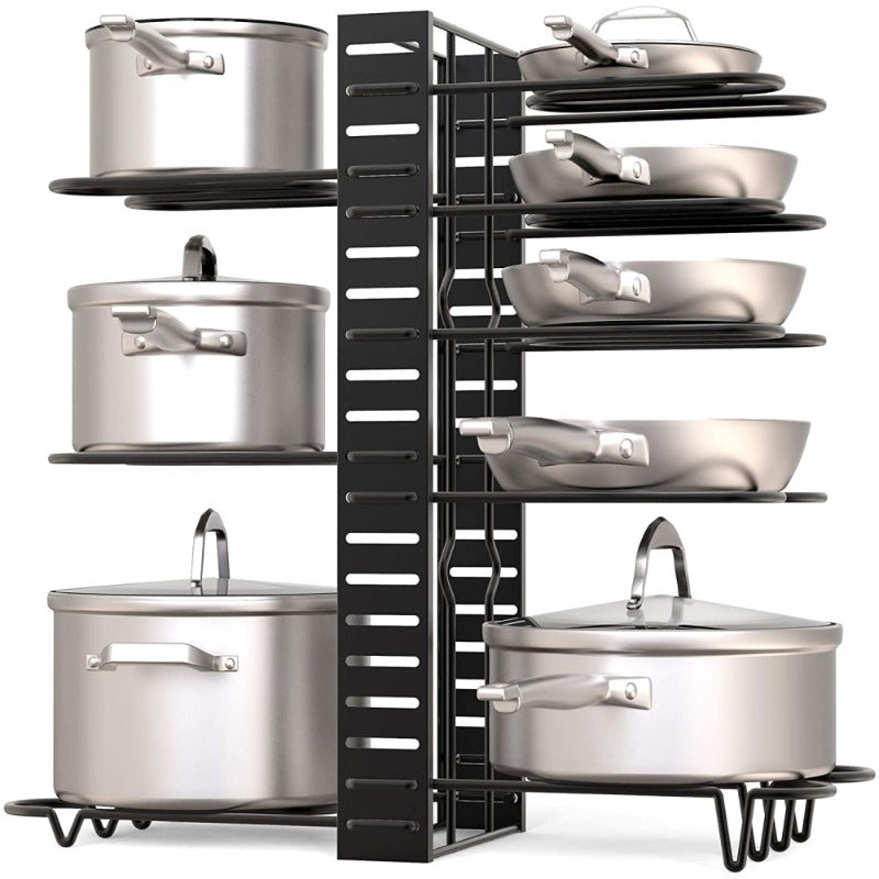 Black stainless steel pan organiser holding pots and lids
