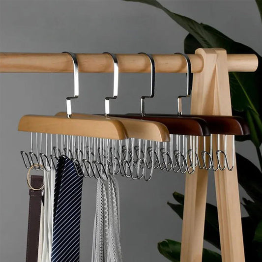 Wooden multi-hook garment rack with rotating hanger design