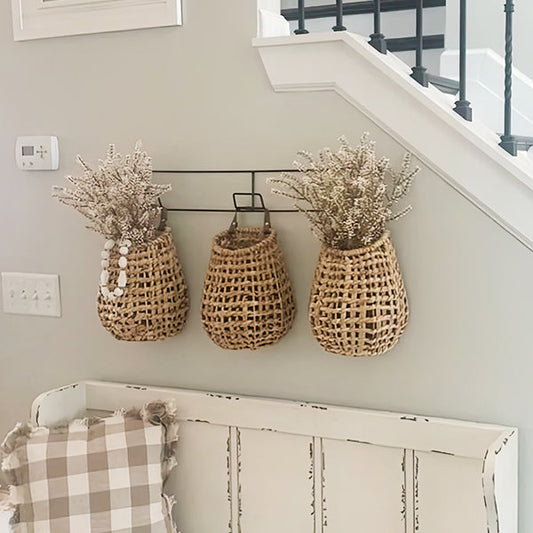 Woven water hyacinth wall baskets used for entryway storage