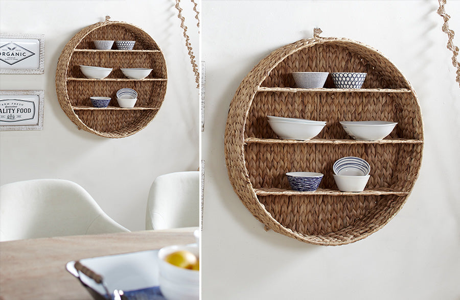 Round hyacinth wall shelf with natural woven storage design