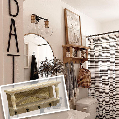 Rustic wooden wall shelf with spindle design and hooks