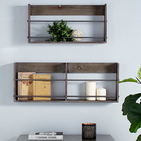 Rustic wooden wall shelf with weathered farmhouse design