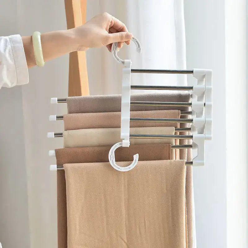 Multi-bar pants hanger showing sliding bars for easy access