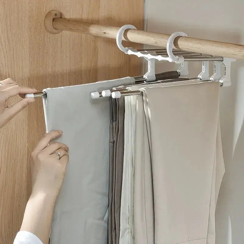 Multi-bar pants hanger showing sliding bars for easy access