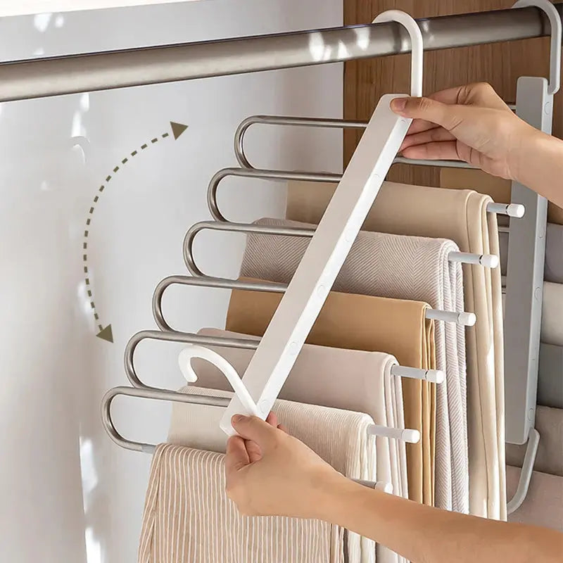 Multi-bar pants hanger showing sliding bars for easy access