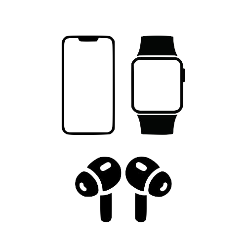 Pictogram van telefoon, smartwatch en oordopjes — geeft compatibiliteit met meerdere apparaten aan.
