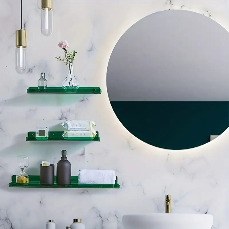 Close-up of floating wall shelf showing industrial design