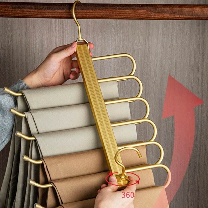 Aluminium space saving trouser hanger with multiple rotating arms