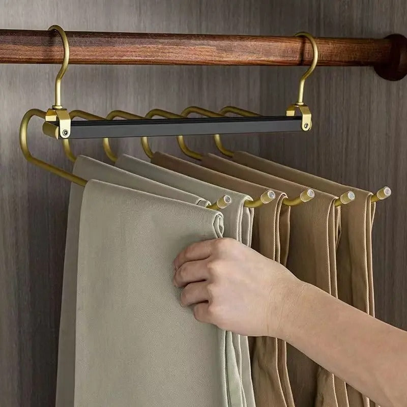 Aluminium space saving trouser hanger with multiple rotating arms