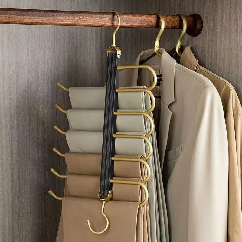 Aluminium space saving trouser hanger with multiple rotating arms