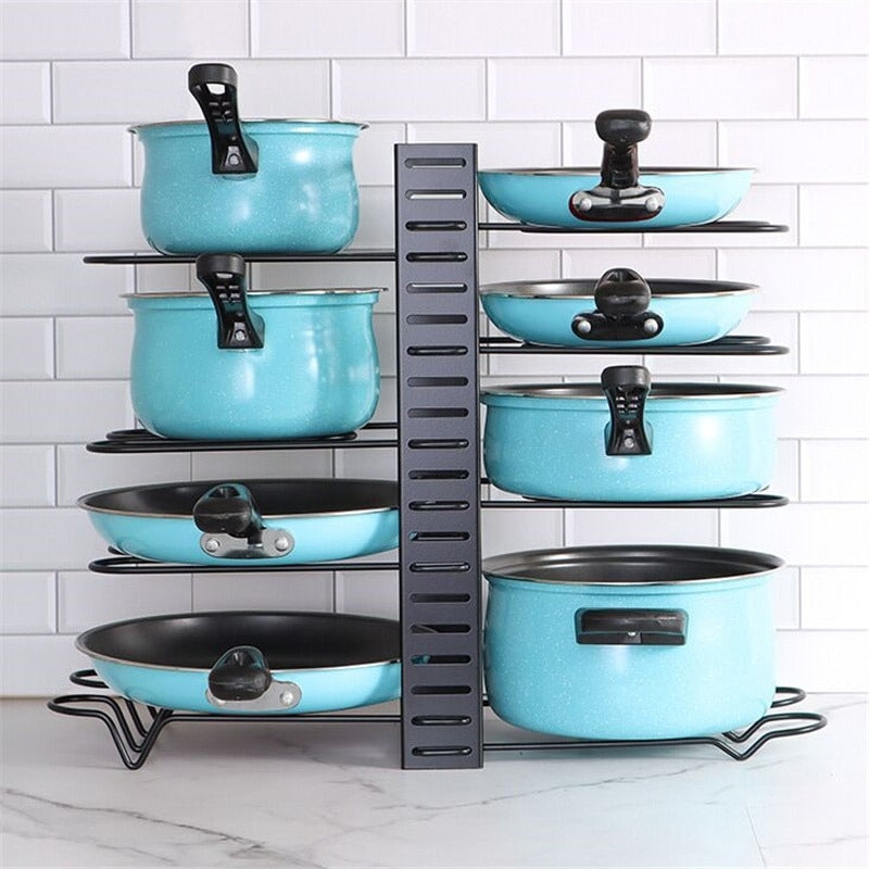 Black stainless steel pan organiser holding pots and lids