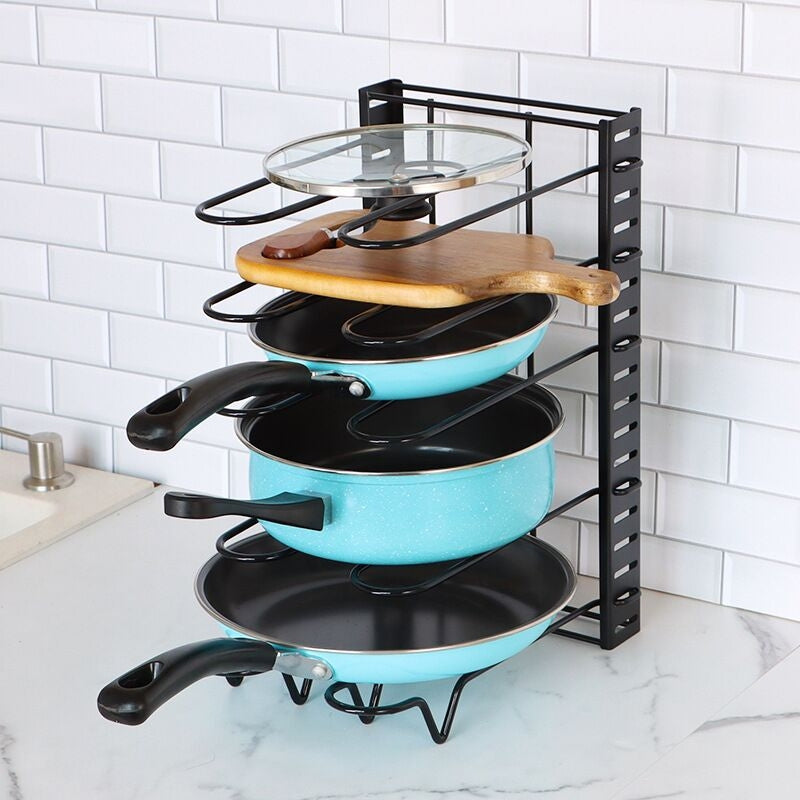 Black stainless steel pan organiser holding pots and lids