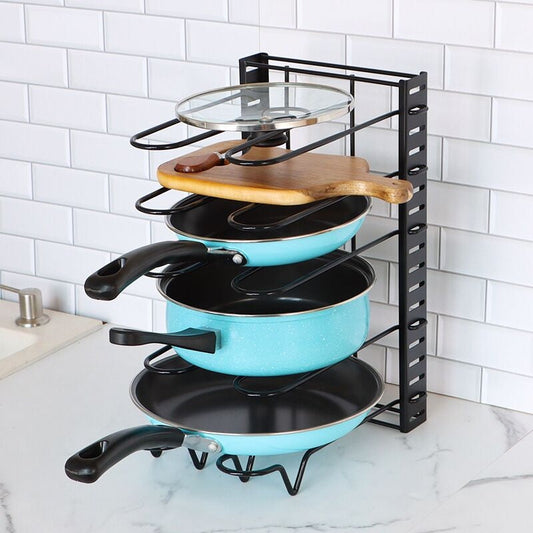 Black stainless steel pan organiser holding pots and lids