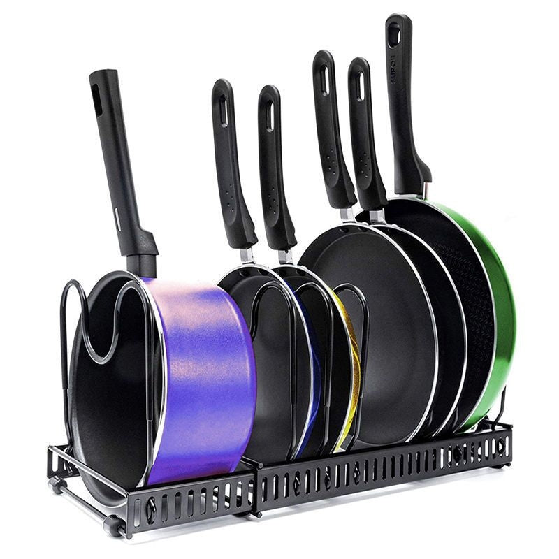 Black stainless steel pan organiser holding pots and lids