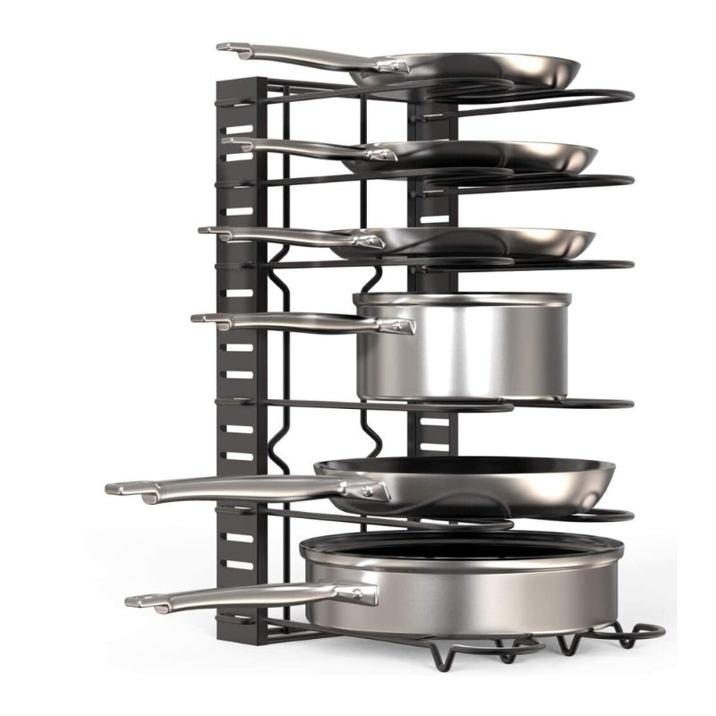Black stainless steel pan organiser holding pots and lids