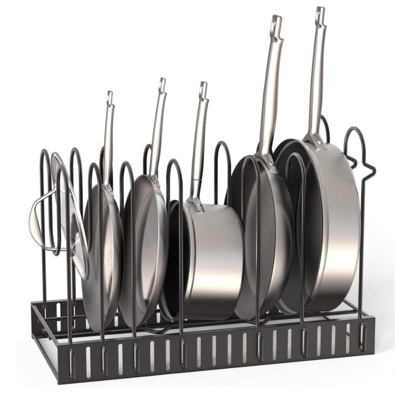 Black stainless steel pan organiser holding pots and lids