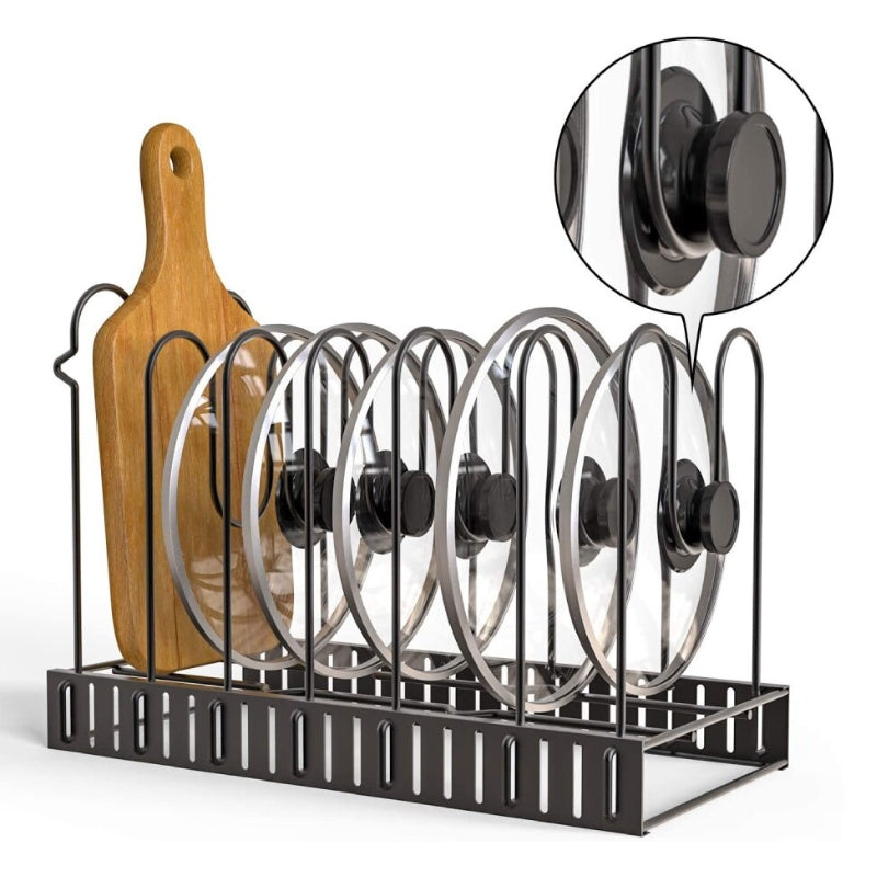 Black stainless steel pan organiser holding pots and lids