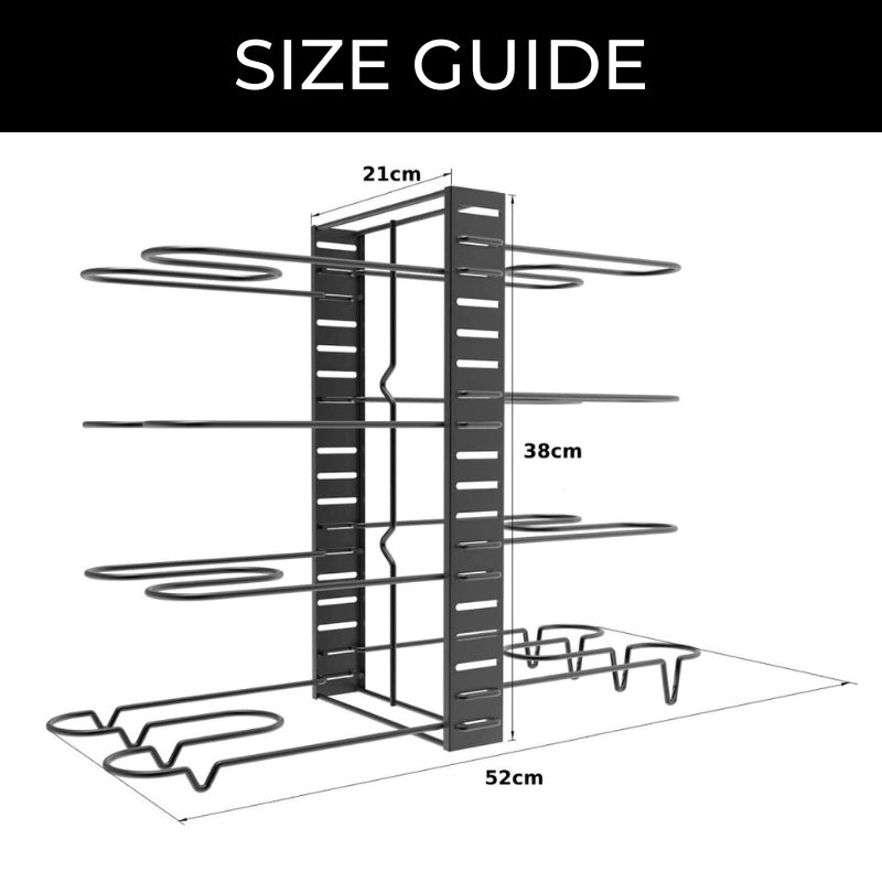 Black stainless steel pan organiser holding pots and lids
