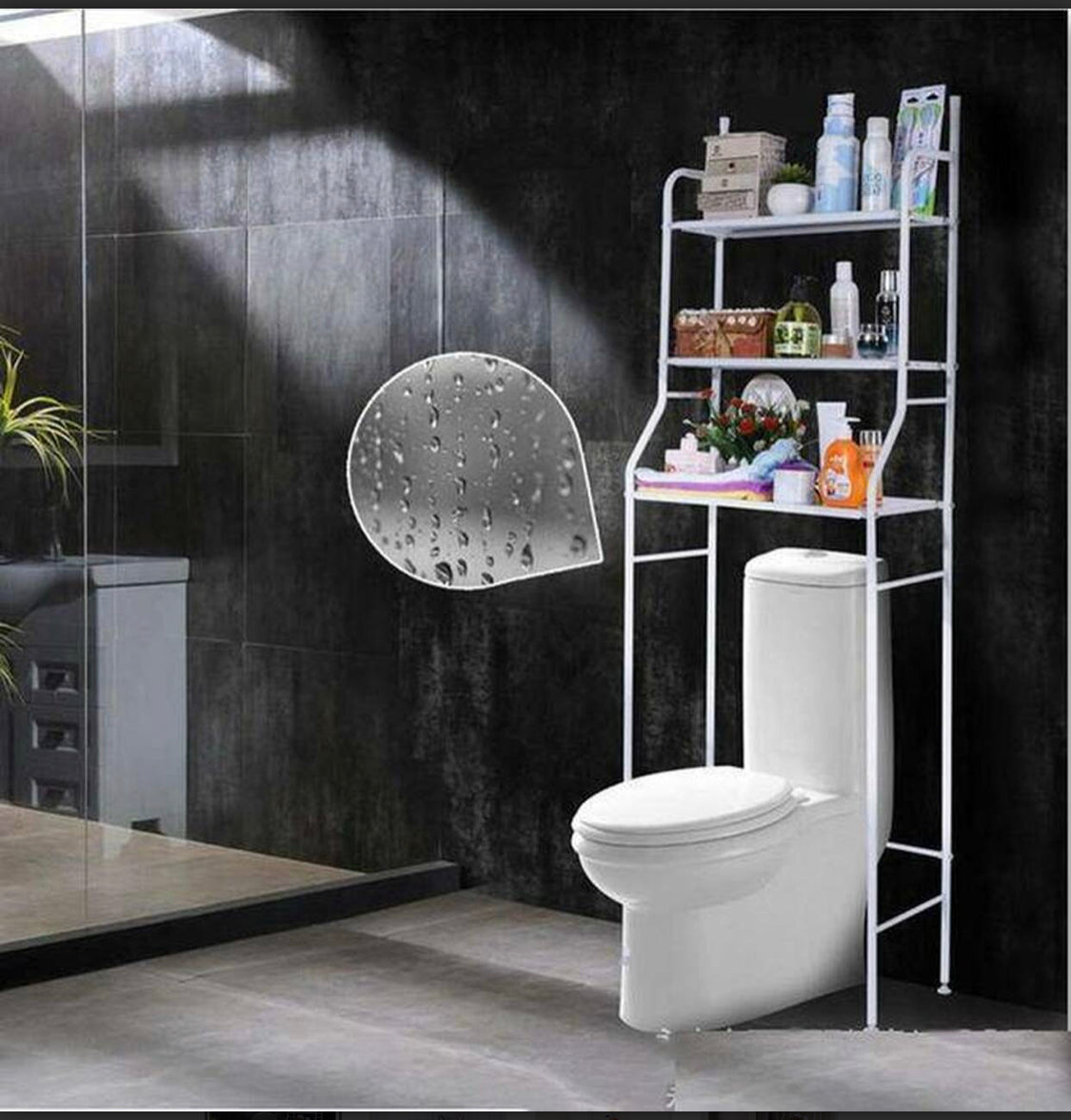 White three-tier over-toilet bathroom storage organizer made of metal