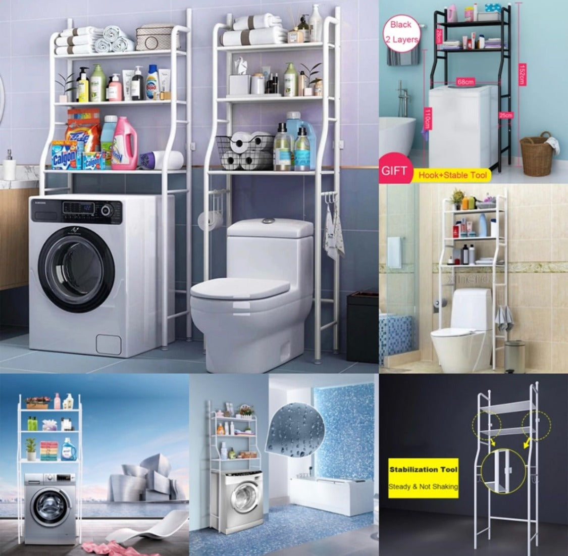 White three-tier over-toilet bathroom storage organizer made of metal