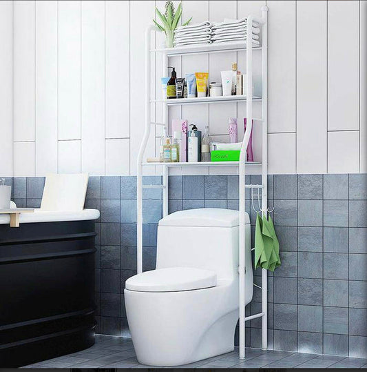 White three-tier over-toilet bathroom storage organizer made of metal