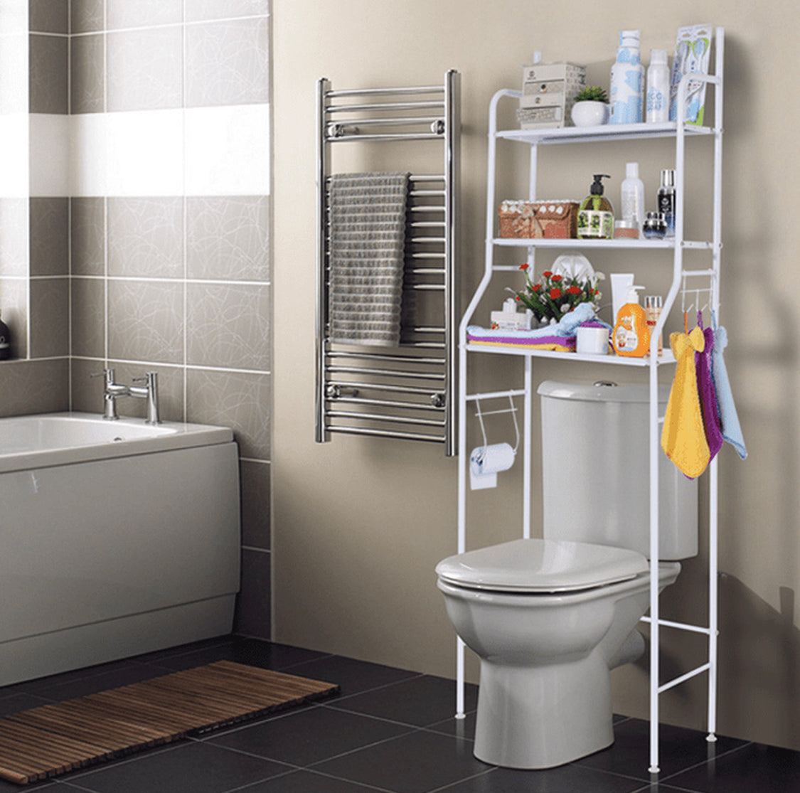 White three-tier over-toilet bathroom storage organizer made of metal
