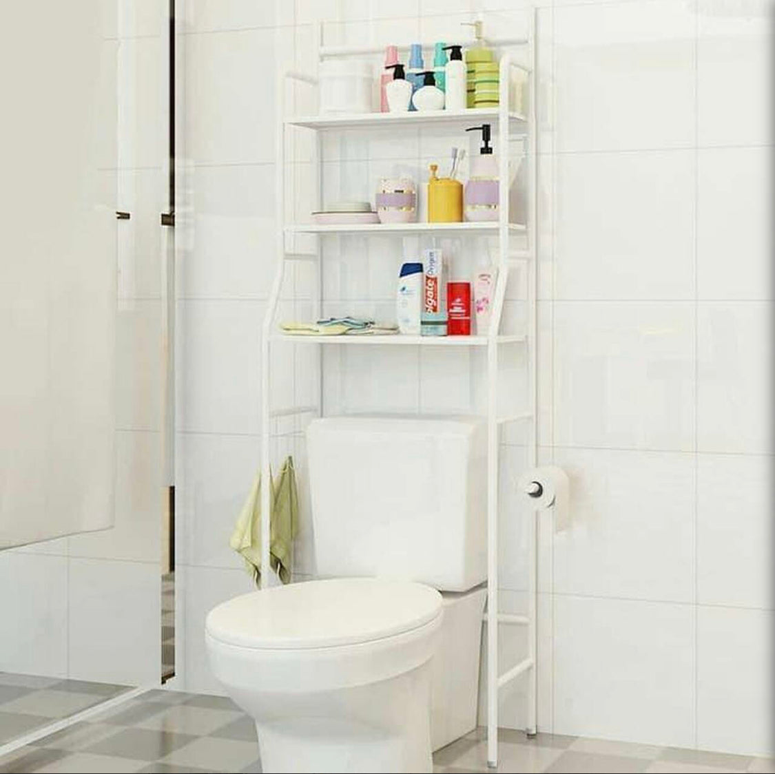 White three-tier over-toilet bathroom storage organizer made of metal