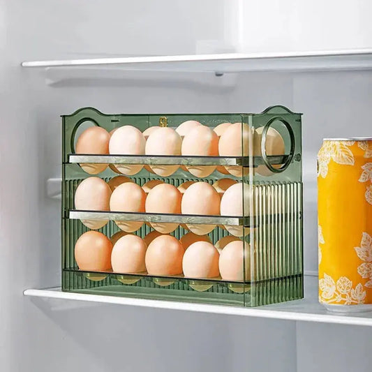 Three-tier refrigerator egg organizer with date display holding 30 eggs