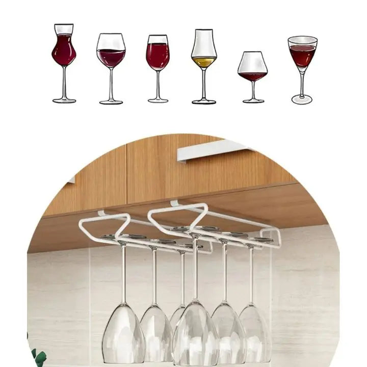 Undercabinet metal wine glass holder storing hanging wine glasses in a kitchen