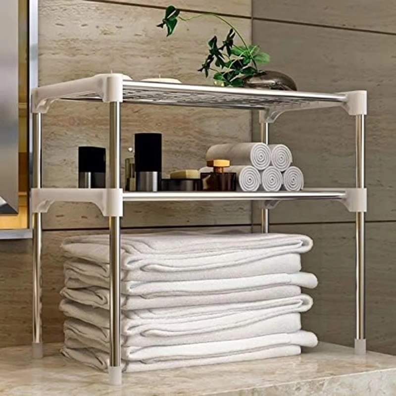 Two-tier metal storage shelf for kitchen and bathroom
