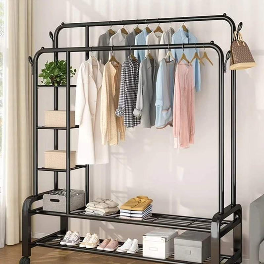 Double rod garment rack with wheels for clothing storage