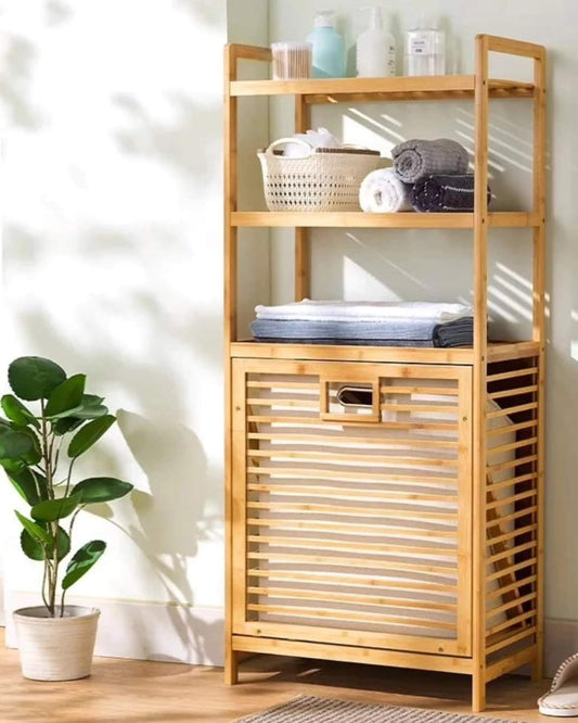 Laundry basket with three-tier shelf for towels and detergents
