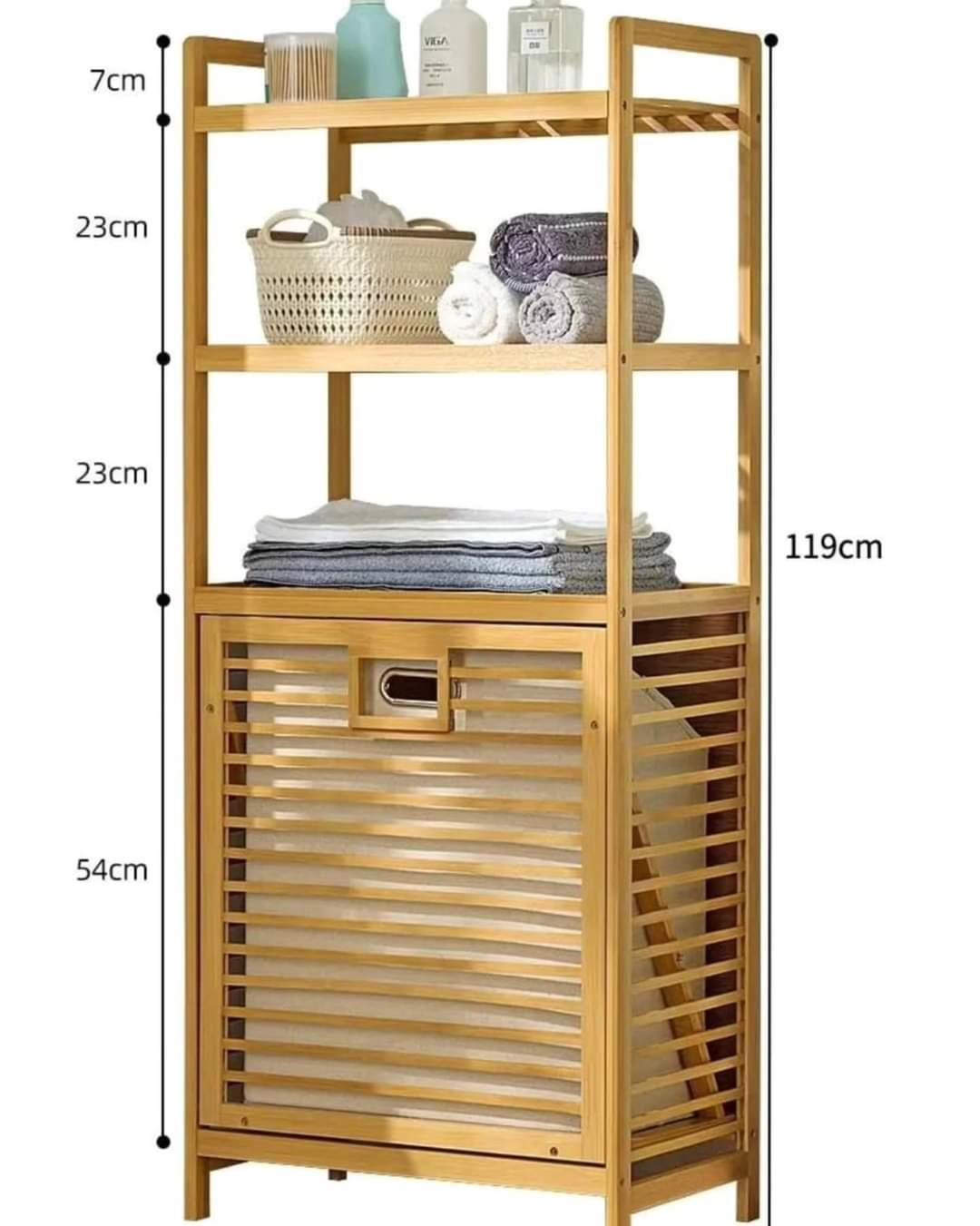 Laundry basket with three-tier shelf for towels and detergents