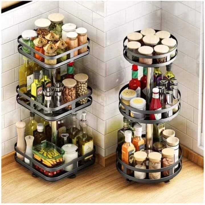 Three-tier rotating spice rack for kitchen organisation
