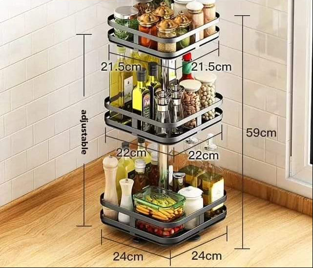 Three-tier rotating spice rack for kitchen organisation