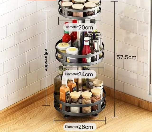 Three-tier rotating spice rack for kitchen organisation