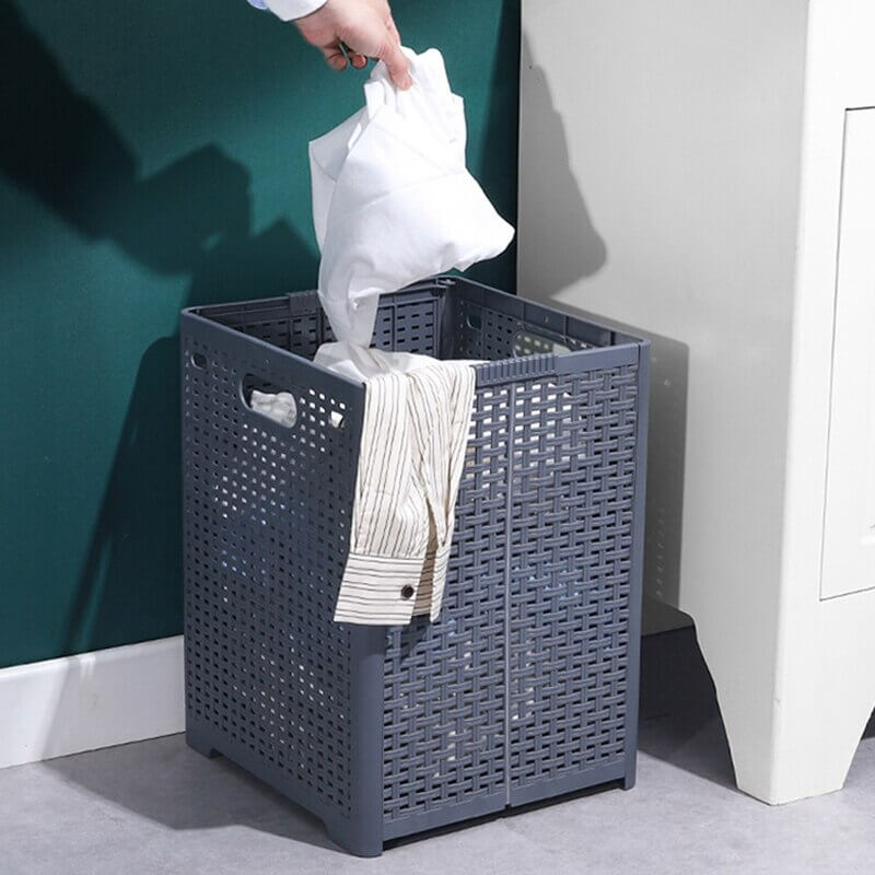 Collapsible plastic laundry basket with mesh design
