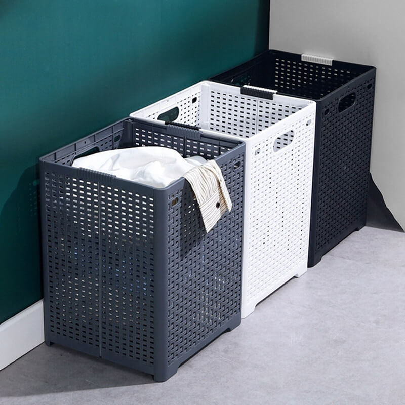 Collapsible plastic laundry basket with mesh design