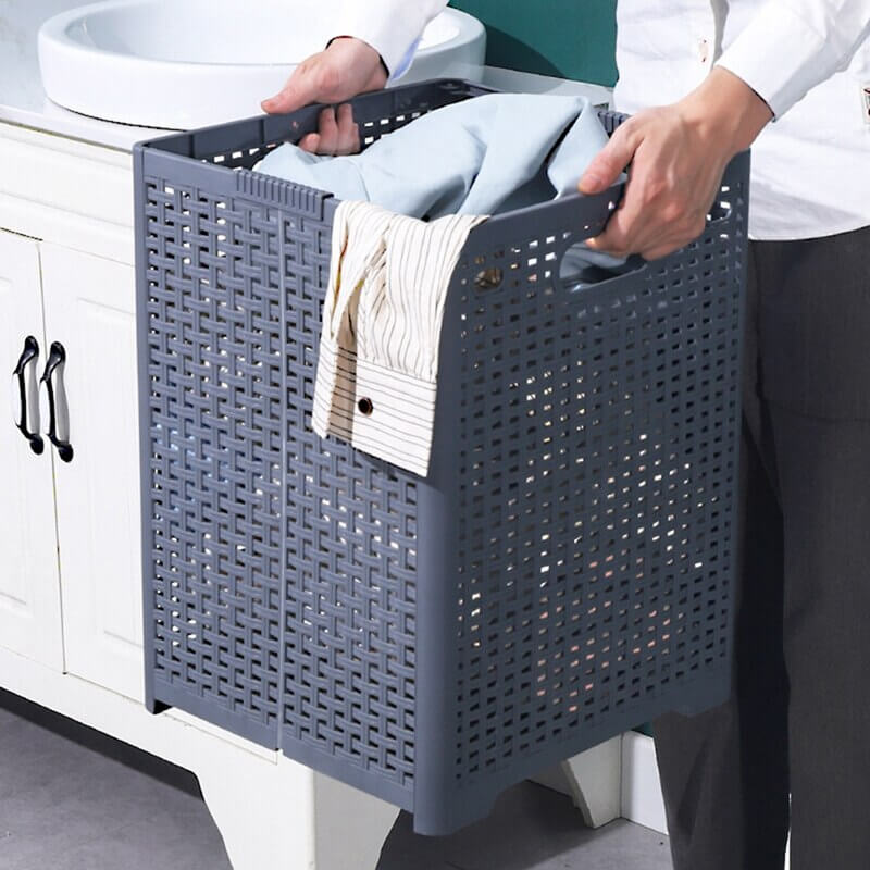 Collapsible plastic laundry basket with mesh design
