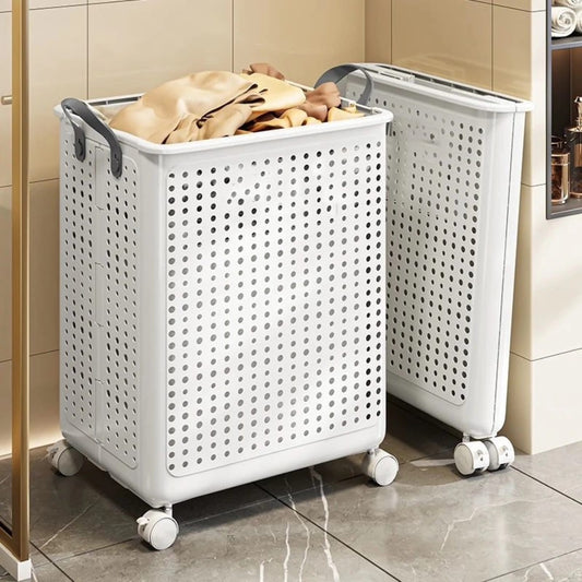 Foldable laundry basket with wheels in white