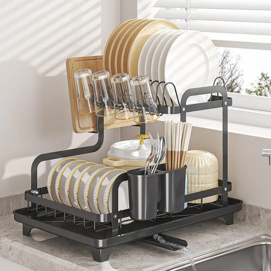 Two-tier dish rack on kitchen countertop