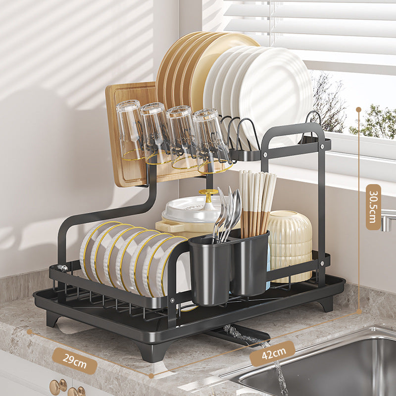 Two-tier dish rack on kitchen countertop