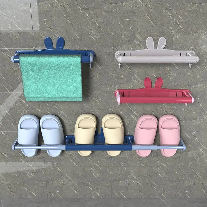 Wall-mounted metal shoe rack holding multiple pairs of shoes in a hallway