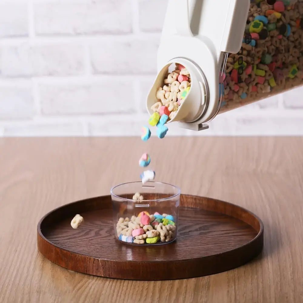 plastic food storage container with pour spout, measuring cup, and carry handle