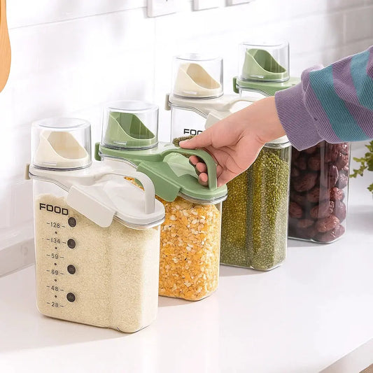 plastic food storage container with pour spout, measuring cup, and carry handle