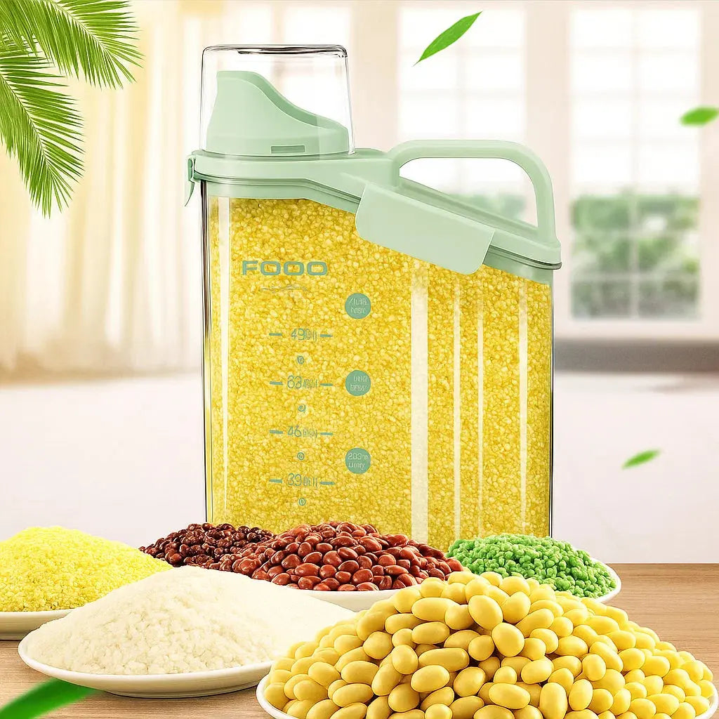 plastic food storage container with pour spout, measuring cup, and carry handle