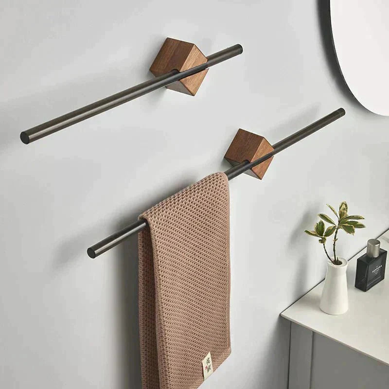 Wall mounted bathroom towel rack with wood finish