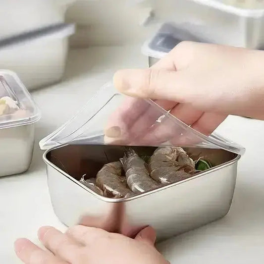 Stainless steel food storage container showing size and depth