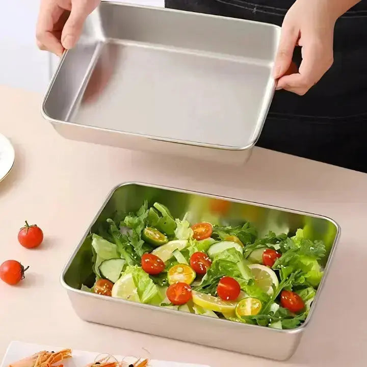Stainless steel food storage container showing size and depth